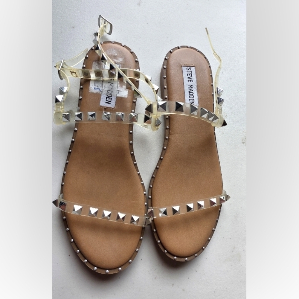 Steve Madden Tan Faux-Leather Studded Ankle-Strap Sandals